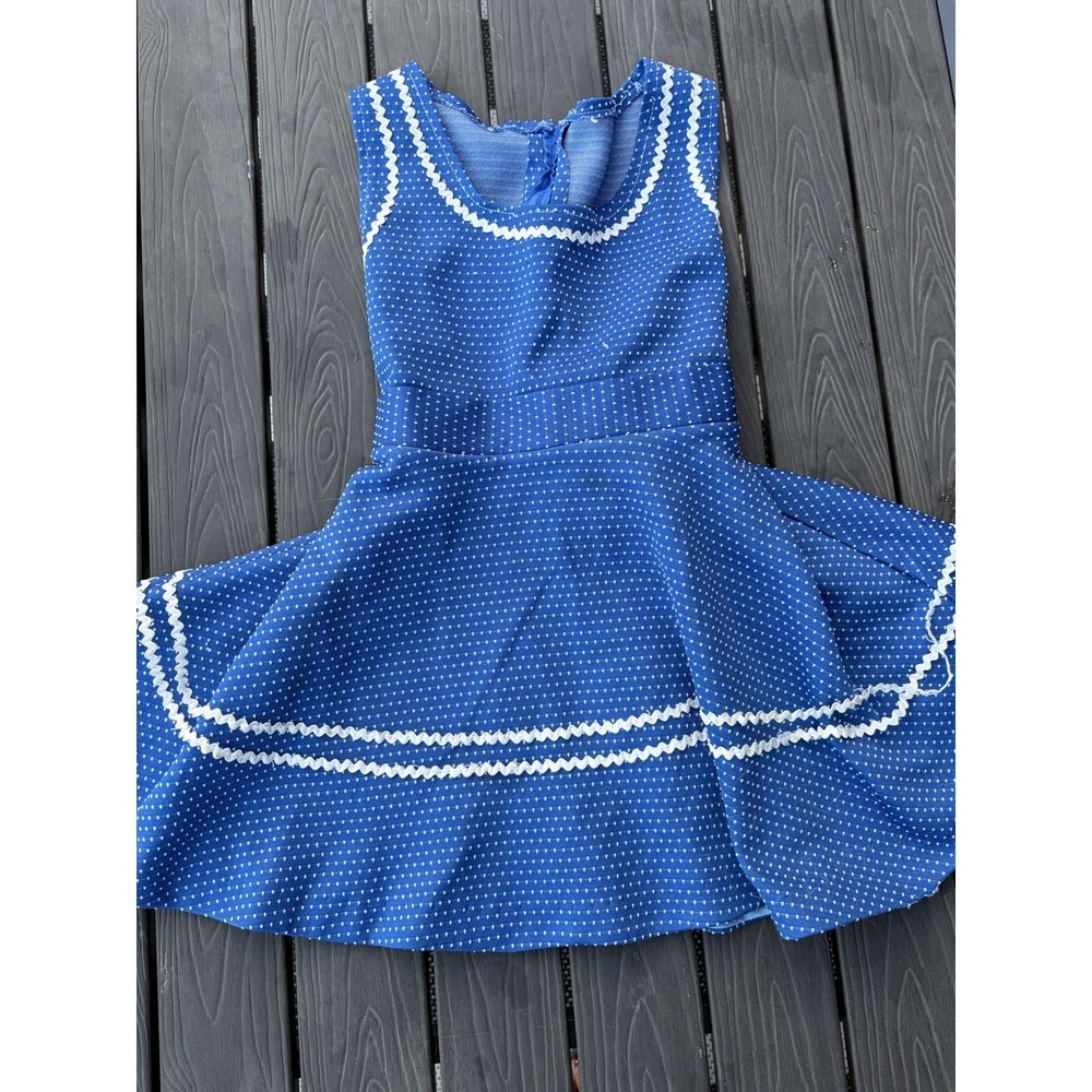Vtg 60-70's Handmade Girl Retro Royal Blue White Polka Dot Skater Dress 3-4